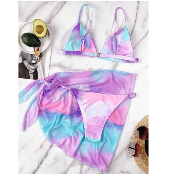 3 Piece Swimwear Set: Tie Dye Blue Pink - Picture 4 of 7